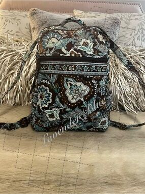 Vintage VERA BRADLEY Java Blue 2008 Zip Front Backpack Zipper Brown Floral Y2K